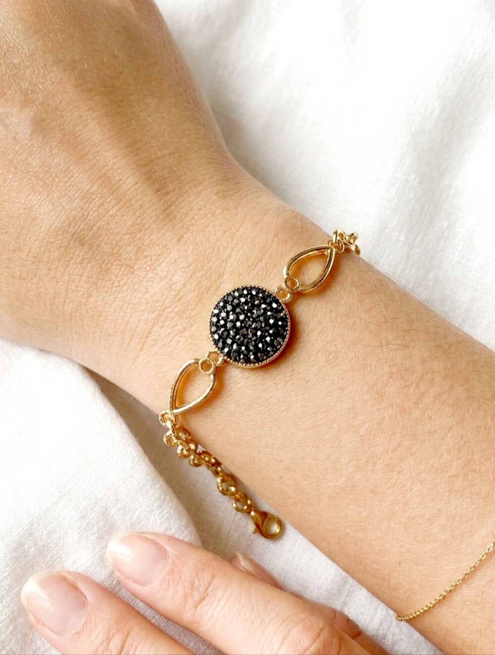 Gold Bracelet with Black Crystal Disc - Women's Jewelry